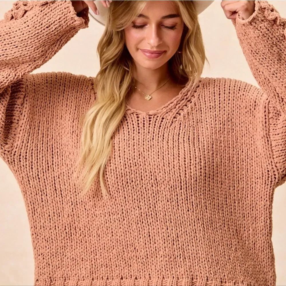 BiBi Chunky Knit Sweater | Cozy Polyester Knit Top 3D Floral Sleeve Details sz L - Picture 9 of 10
